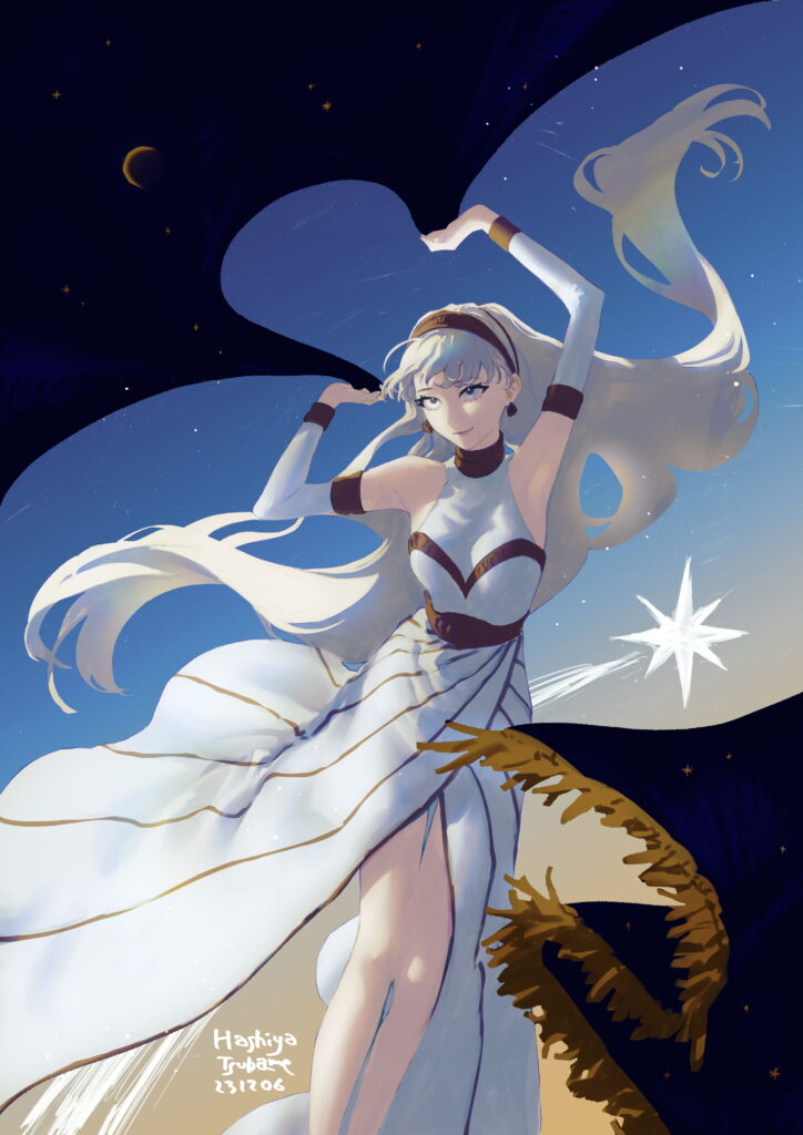 青から淡いオレンジへの薄暮の空に、流星に乗りながら夜空のカーテンと白い髪を翻している、白いドレスの女性。縦長A4のデジタルイラスト。